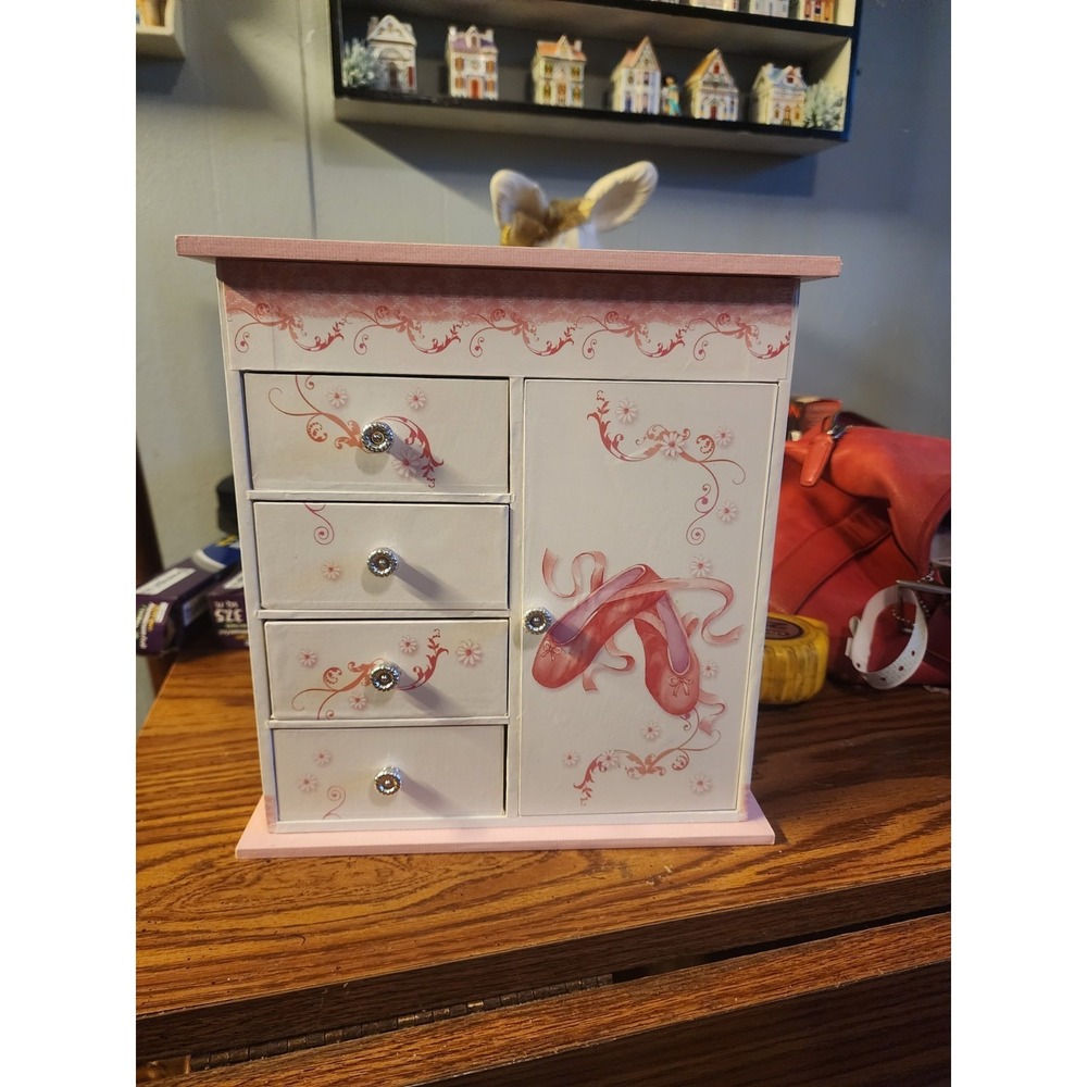 Mele Musical Ballerina Table Top Jewelry Box, Pink & White Armoire Style, Mirror